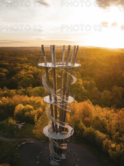 Aerial view of the Schönbuchturm in autumn forest at sunrise, Herrenberg, Germany