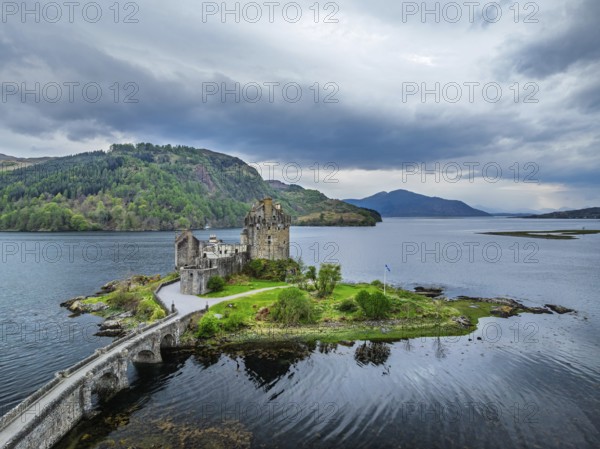 Eilean Donan Castle and Loch Duich from a drone, Isle of Skye, Highlands, Scotland, England, United