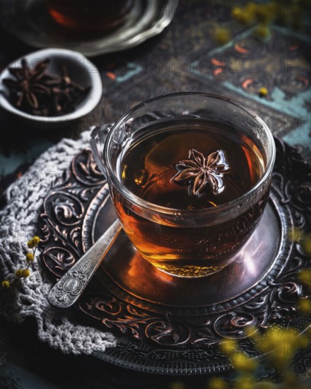 A warm glass cup of tea infused with anise, set on an intricately designed metal tray. The aromatic