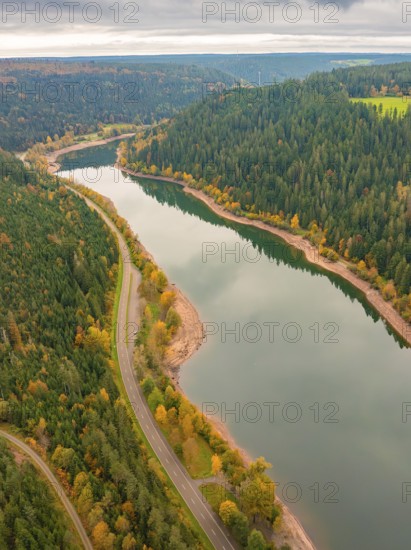 Aerial view of a river meandering through a forest with an adjacent road in autumn, Nagold Dam,