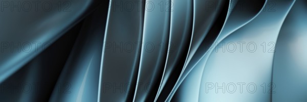 A stunning abstract design featuring smooth, flowing metallic blue waves in 3D. The fluid lines
