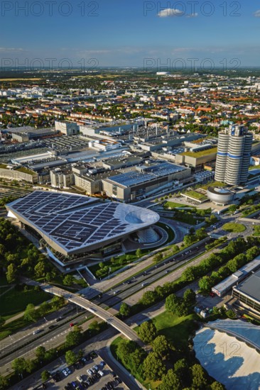 MUNICH, GERMANY, JULY 08, 2018: Aerial view of BMW Museum and BWM Welt and factory and Munich from