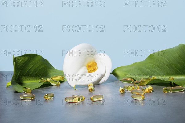 Serene display featuring golden omega-3 oil supplement capsules nestled in a white calla lily,