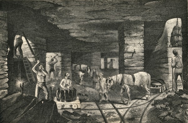 Bradley colliery, near Bilston, England in the 19th century. The extraction of ten-yard coal in the
