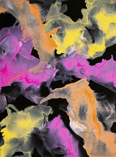 Luminous abstract art featuring splashes of neon pink, yellow, and orange on a dark background,