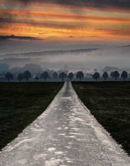 Bike path R1 near Wesertal, Weser Uplands, Weserbergland, Hesse, Germany, sunset over Wahmbeck,