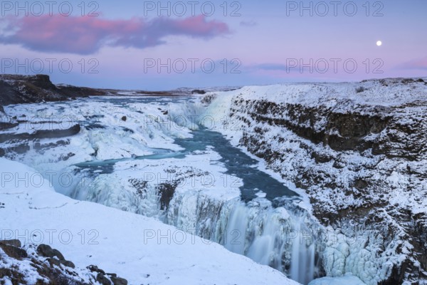 Gullfoss, Hvítá river waterfall, ice, frost, snow, winter, sunset, moon, Haukadalur, Iceland,