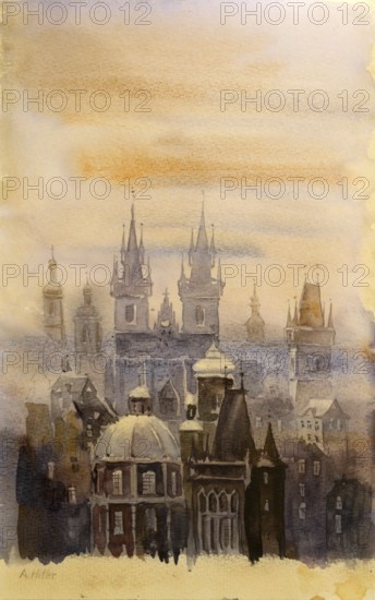 Prague in the Fog, Painting by Adolf Hitler (1889-1945), Historical, digitally restored