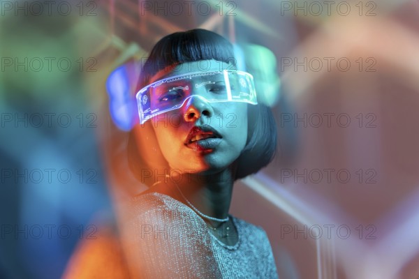 A Latin woman is deeply immersed in a virtual reality experience, wearing sleek VR glasses. The