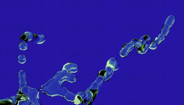 This digital artwork features abstract 3D liquid shapes swirling dynamically against a striking