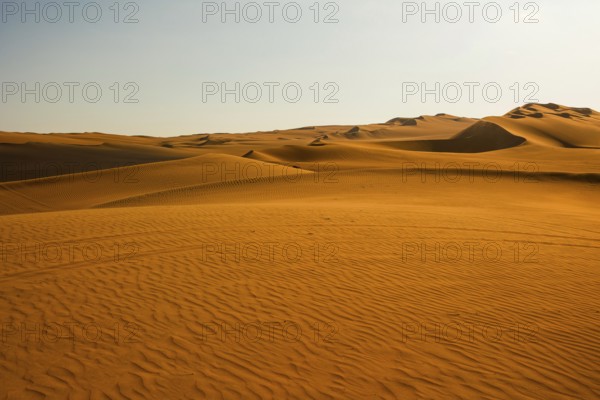 The image captures the warm golden hues and tranquil undulating sands of the Huacachina Desert at