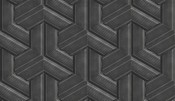 A modern 3D illustration featuring hexagon stripes with a textured, geometric pattern. The design