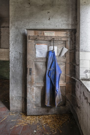 Door with rubber apron in the abandoned cowshed of a former LPG of the GDR, Mecklenburg-Vorpommern,