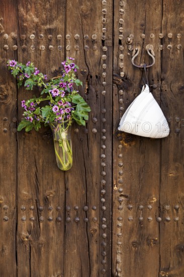 Rustic wooden door with a bouquet of flowers and antique door hook, Pollensa, Majorca, Balearic