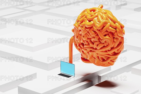 Colorful cables intertwine around a laptop, creating a striking contrast against a monochromatic