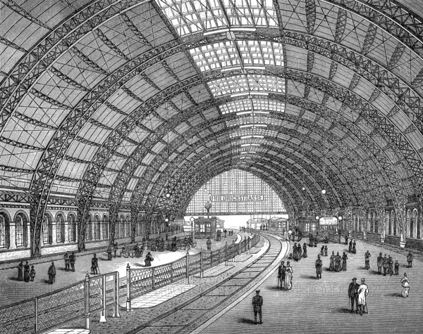 Historic illustration, 19th century, Friedrichstrasse railway station, hall construction, Berlin,