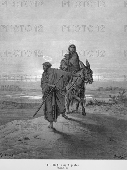 The flight into Egypt, Matthew, chapter 2, verse 14, Joseph, Mary fleeing in the night with the