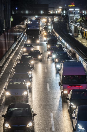 Traffic jam on the A40 motorway, Ruhrschnellweg, in Essen, underground station Essen
