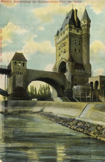 Historical postcard, picture postcard, bridgehead of the road bridge over the Rhine, Worms,