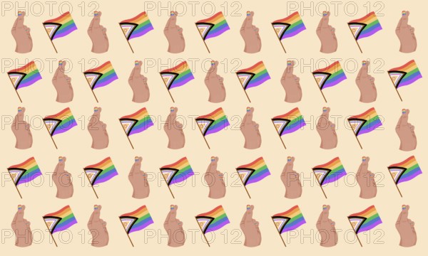A seamless pattern featuring Pride flags and illustrated hand gestures with painted nails on a