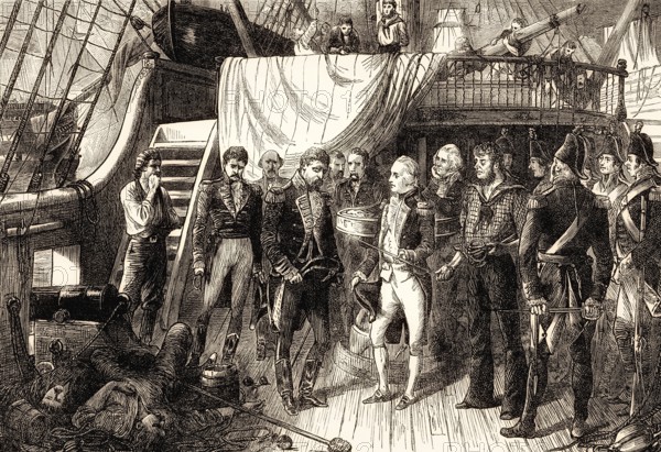 Admiral Horatio Nelson receiving the Spanish Admiral's sword, Battle of Cape St. Vincent, 1797,
