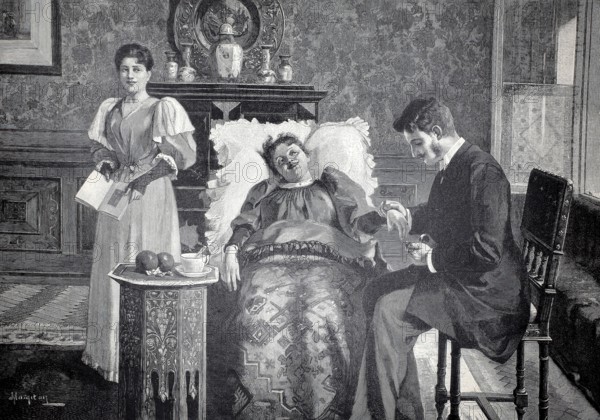 The patient, young doctor feels the pulse of a sick person, doctor on home visit, 1891, authentic,