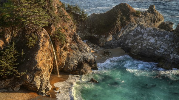 Julia Pfeiffer Burns State, waterfall, rocks, Atlantic Ocean, coast, California, North America,