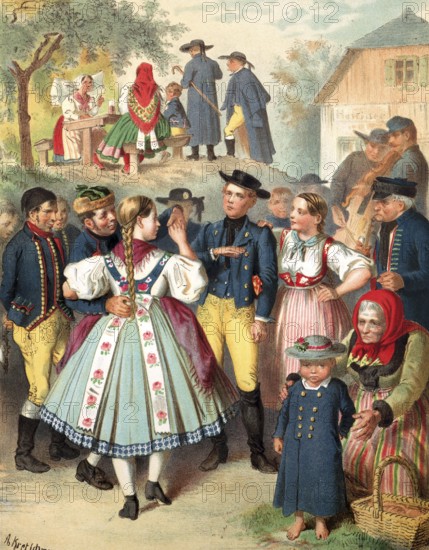 Traditional costumes in Germany around 1820, Bohemia, Pilsen district, A group of people in
