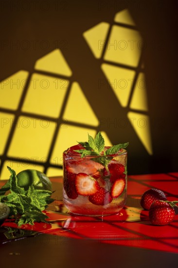 A refreshing strawberry mojito garnished with fresh mint and sliced strawberries in a clear glass.