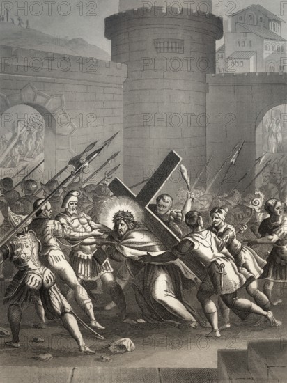 Jesus is led outside the gate to Mount Calvary, New Testament, steel engraving 1853, digitally