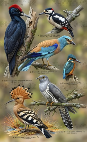 Display board birds, native birds, Great spotted woodpecker (Dromaius novaehollandiae), European