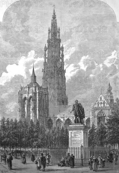 The Groenplaats, place vert, with the statue of Peter Paul Rubens, in the background the Cathedral