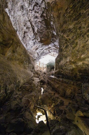 Underground cave formed by lava flow, illuminated lava cave, Cueva de los Verdes, Lanzarote, Canary