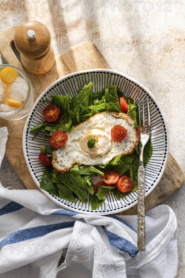 Top view of a fresh and nutritious lunch featuring crisp spinach leaves, juicy cherry tomatoes, and