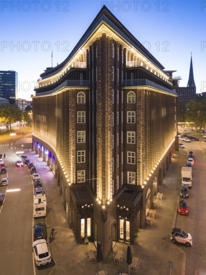 Aerial view of the Kontorhaus Chilehaus in Hamburg's Kontorhaus district at the blue hour, Hamburg,