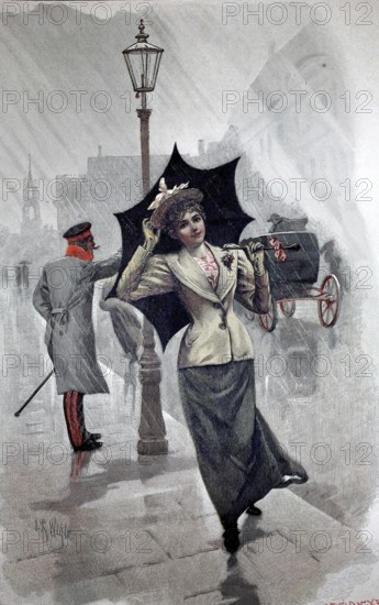 Spring rain, a young woman with an umbrella, hat and a contemporary dress. In the background, a man