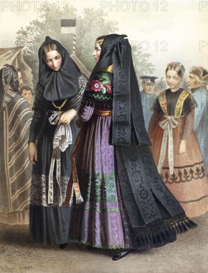Traditional costumes in Germany around 1820, Province of Saxony, Dannstedt, woman in dark,