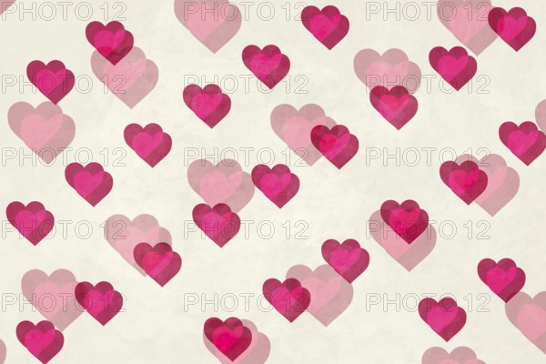 A charming pattern of pink and red hearts gracefully overlapping on a light textured background,