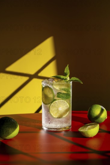 Vibrant image of a classic mojito, featuring fresh lime slices and mint leaves. Set against a bold