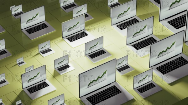 Multiple laptops showcase upward stock market trends in a modern business workspace, reflecting