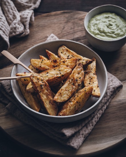 A bowl of rustic potato wedges seasoned with herbs and spices, served with a creamy dip. The