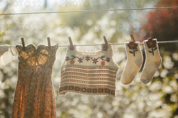 A vibrant scene of freshly washed clothes hanging on a clothesline, basking in warm sunlight. The