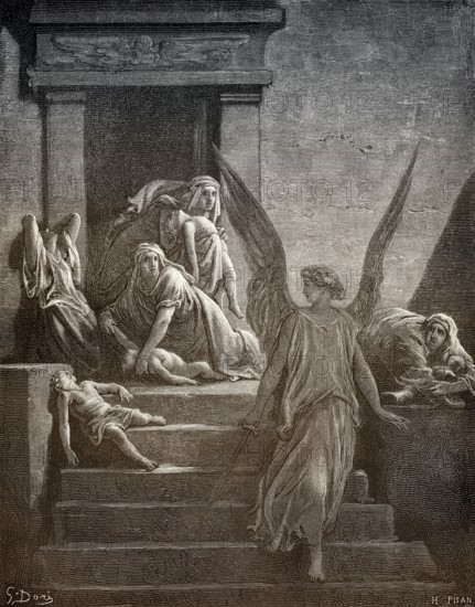 The tenth Plague: Death of Egyptians' firstborn children, woodcut by Gustave Doré