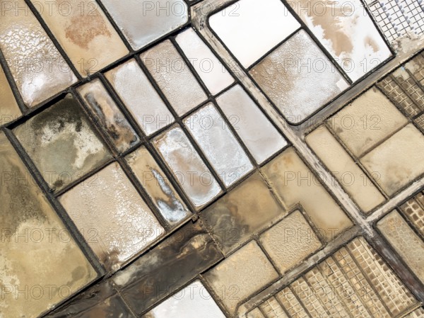 Salt mining plant, Salinas de Janubio, top-down, near Yaiza, drone shot, Lanzarote, Canary Islands,
