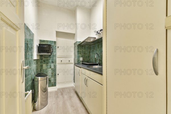 A sleek, modern kitchen showcases minimalist design with green tiled walls, clean cabinetry, and