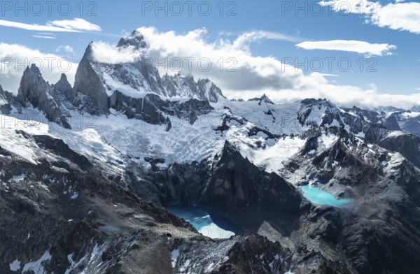 Aerial View, Epic Panorama, Large Glaciers, Lago de los Tres Laguna Sucia Glacier Lakes, Mountains