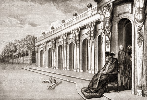 Frederick II or Frederick the Great, 1712-1786, King of Prussia in his last days on the terrace of