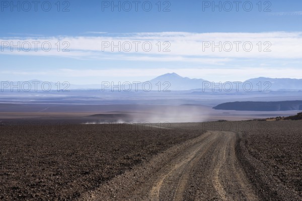 A dusty, gravel road cuts through the arid landscape of La Puna in Argentina, offering a view of