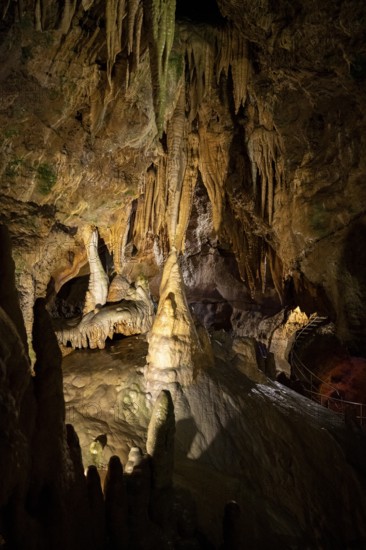 Stalagmites and stalagtites in a cave, Devil's Cave Pottenstein, Franconian Switzerland, Franconia,