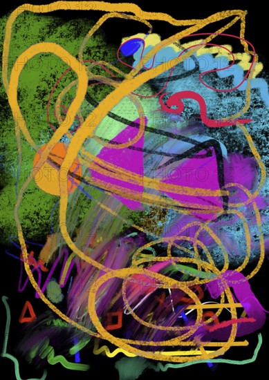 A vibrant and dynamic abstract composition featuring bold, swirling lines and geometric shapes in